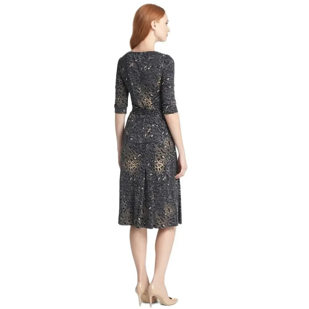 Tory Burch Denise Dress Blue Brown Abstract Leopard Print Pleated Midi XS
